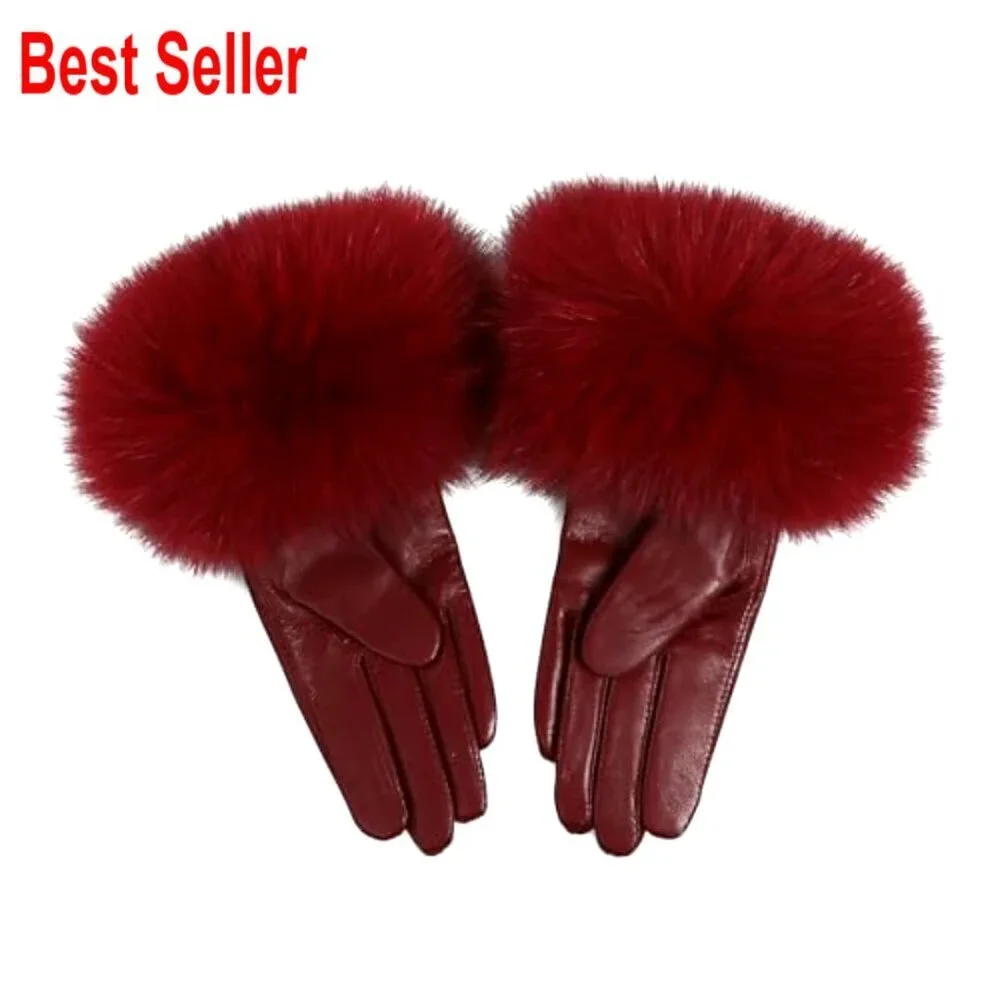 Genuine Lambskin Leather Gloves with Real Fox Fur Trim Cuff Winter Warm